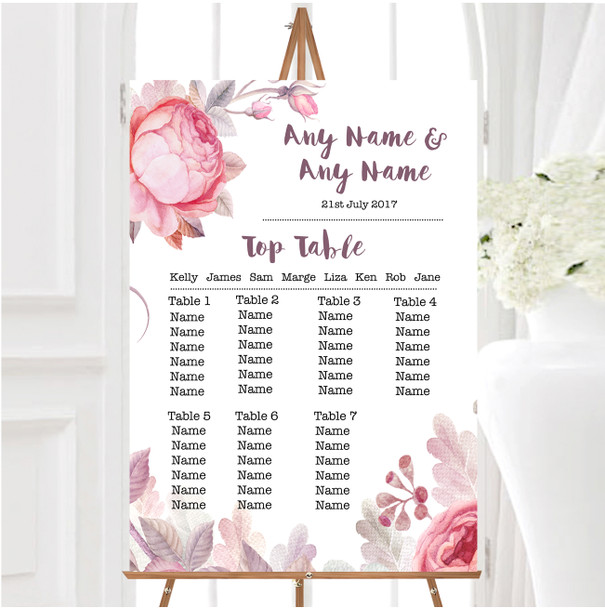 Beautiful Watercolour Floral Personalised Wedding Seating Table Plan