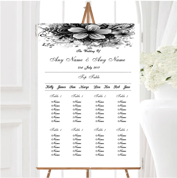 Black White Flower Butterfly Personalised Wedding Seating Table Plan