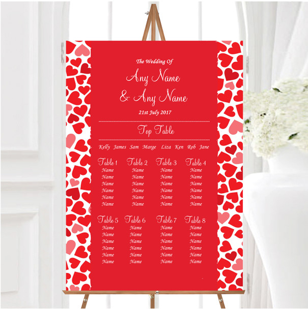 Red And Pink Romantic Hearts Personalised Wedding Seating Table Plan