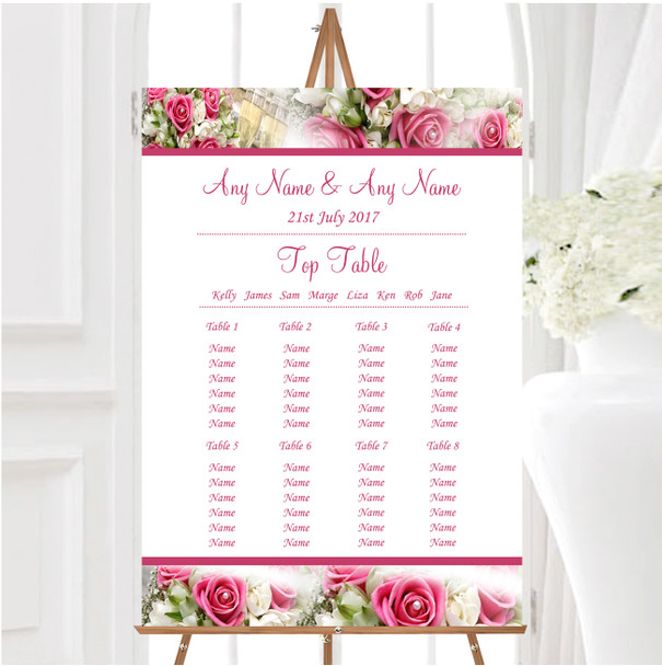 Pink Roses Pearls Champagne Personalised Wedding Seating Table Plan