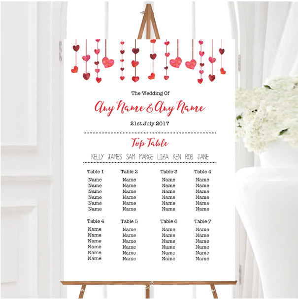 Red Watercolour Heart Drop Personalised Wedding Seating Table Plan