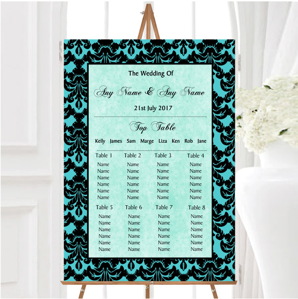 Turquoise Damask & Diamond Personalised Wedding Seating Table Plan