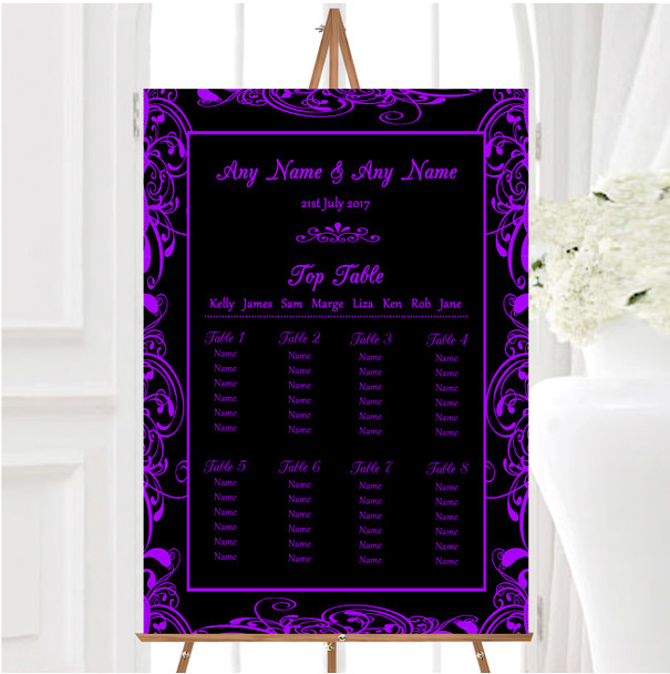 Black & Purple Swirl Deco Personalised Wedding Seating Table Plan