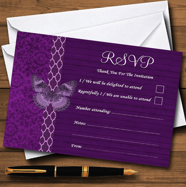 Rustic Vintage Wood Butterfly Purple RSVP Cards