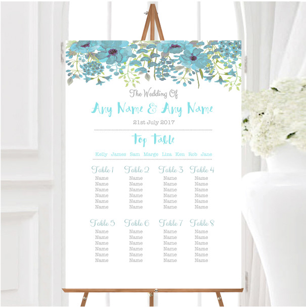 Watercolour Floral Blue Personalised Wedding Seating Table Plan