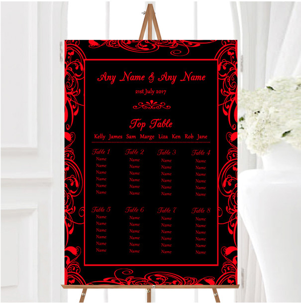 Black & Red Swirl Deco Personalised Wedding Seating Table Plan