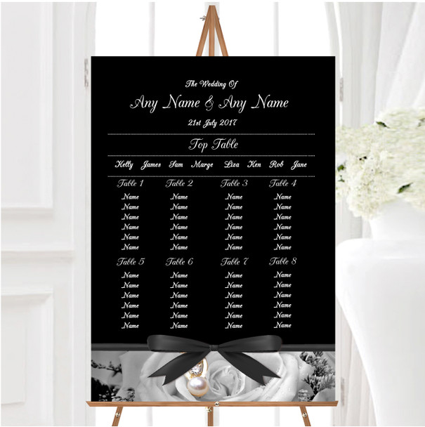 Black White Rose Pearl Personalised Wedding Seating Table Plan