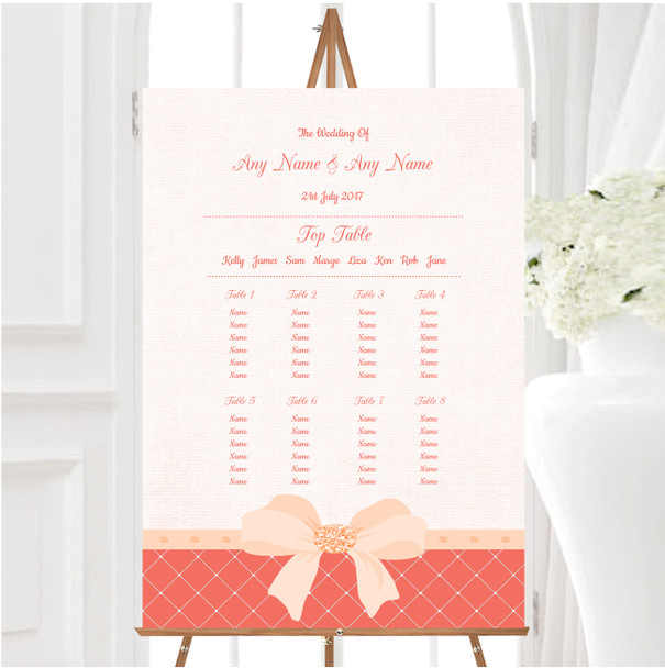 Quilted Look Coral Bow Personalised Wedding Seating Table Plan