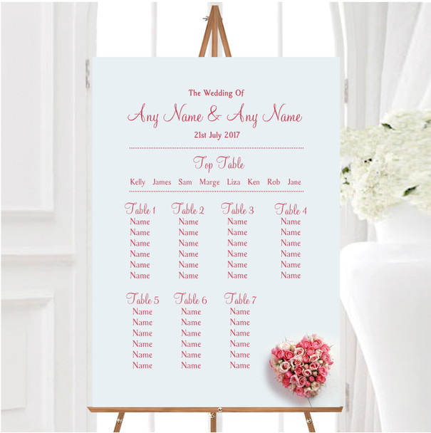 Pink Heart Roses Personalised Wedding Seating Table Plan