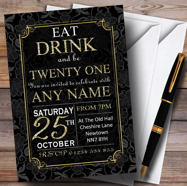 Black & Gold Flowers 21st Customised Birthday Party Invitations