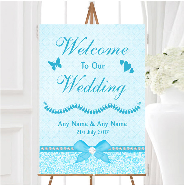 Pretty Floral Vintage Bow Diamante Aqua Sky Blue Welcome Wedding Sign