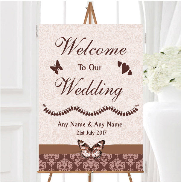 Brown Fawn Beige Vintage Floral Damask Butterfly Welcome Wedding Sign