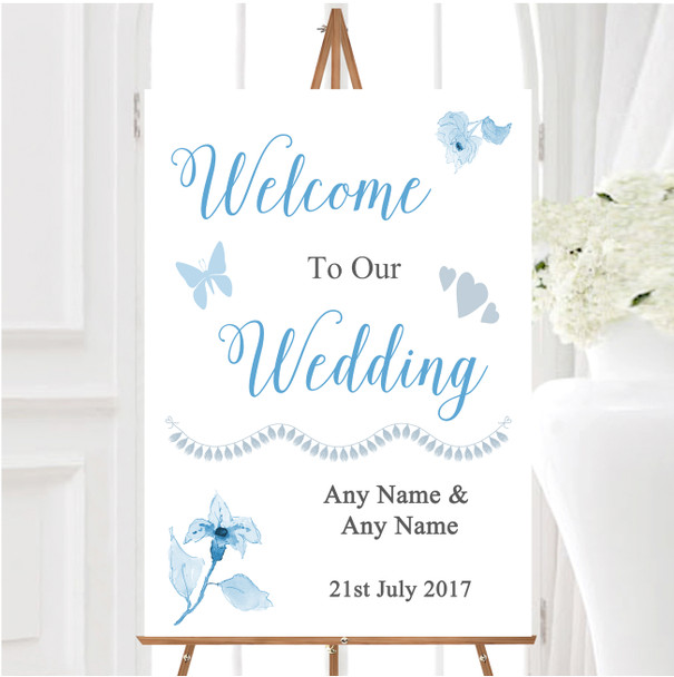 Beautiful Powder Baby Blue Watercolour Flowers Personalised Welcome Wedding Sign