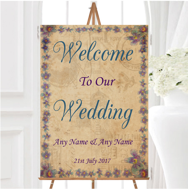 Shabby Chic Vintage Postcard Rustic Blue Stamp Personalised Welcome Wedding Sign