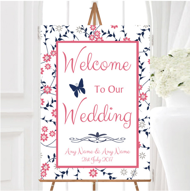Dusty Coral Pink And Navy Blue Floral Personalised Any Text Welcome Wedding Sign