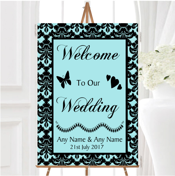 Aqua Sky Blue Black Damask Diamond Personalised Any Wording Welcome Wedding Sign