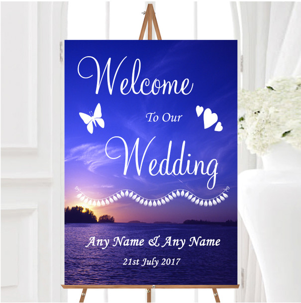 Beautiful Blue Purple Sunset Beach Personalised Any Wording Welcome Wedding Sign
