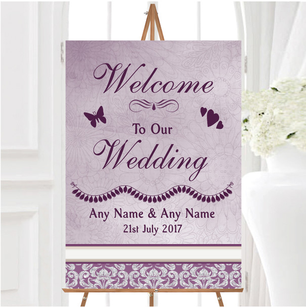 Lavender Lilac Vintage Damask Pretty Personalised Any Text Welcome Wedding Sign