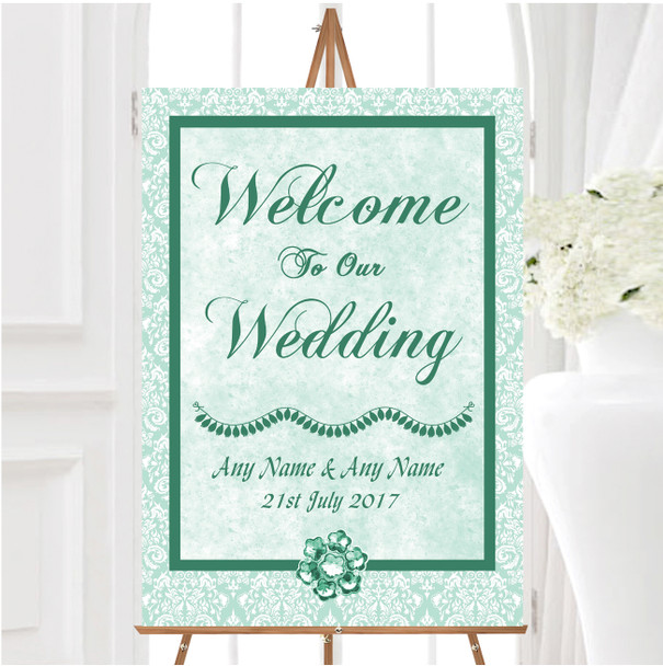 Pale Mint Green Vintage Damask Jewel Personalised Any Text Welcome Wedding Sign