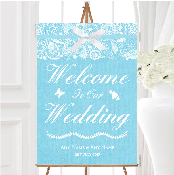 Vintage Aqua Sky Blue Burlap Lace Personalised Any Wording Welcome Wedding Sign