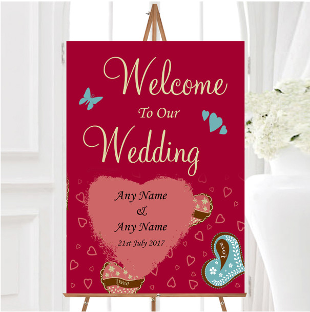 Modern Red Fun Love Hearts Personalised Any Wording Welcome To Our Wedding Sign