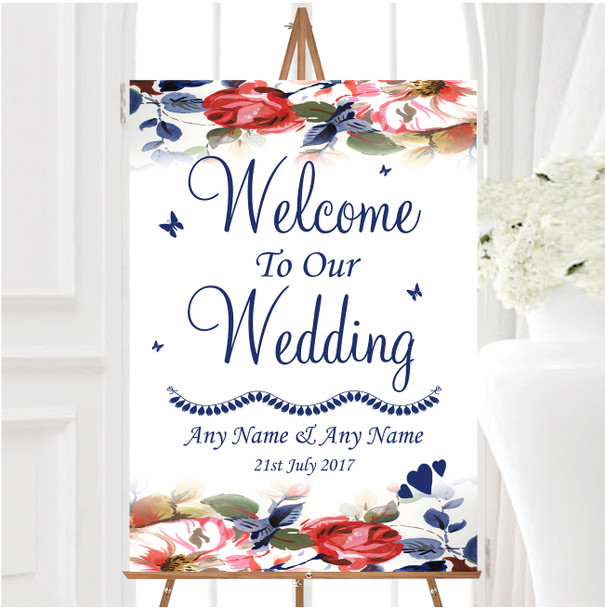 Pretty Blue Vintage Floral Personalised Any Wording Welcome To Our Wedding Sign