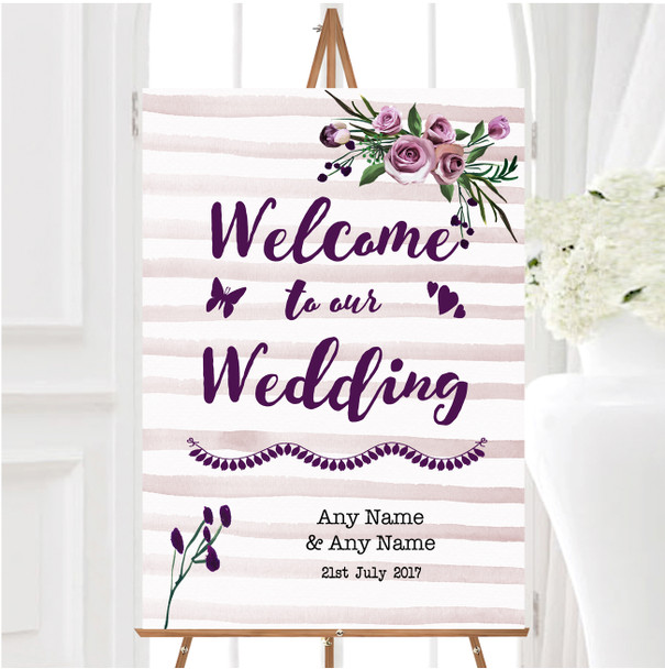 Watercolour Stripes Purple Personalised Any Wording Welcome To Our Wedding Sign