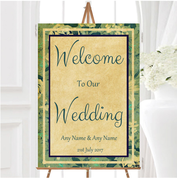 Vintage Blue Turquoise Floral Postcard Style Personalised Welcome Wedding Sign