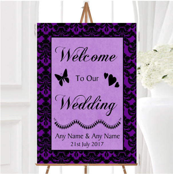 Cadbury Purple Black Damask Diamond Personalised Any Text Welcome Wedding Sign