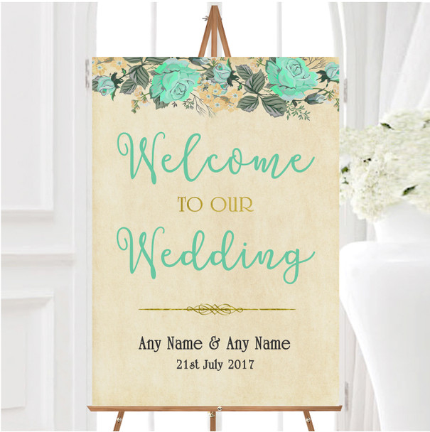 Vintage Mint Green Gold Watercolour Personalised Any Text Welcome Wedding Sign