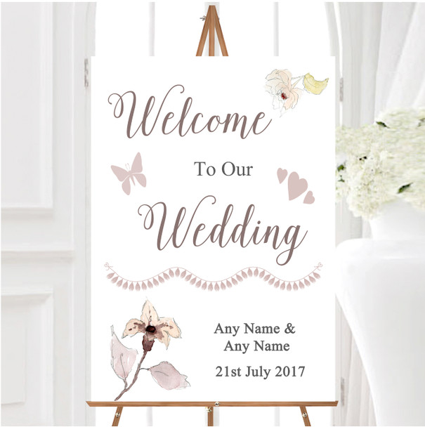 Beautiful Peach Watercolour Flowers Personalised Any Text Welcome Wedding Sign