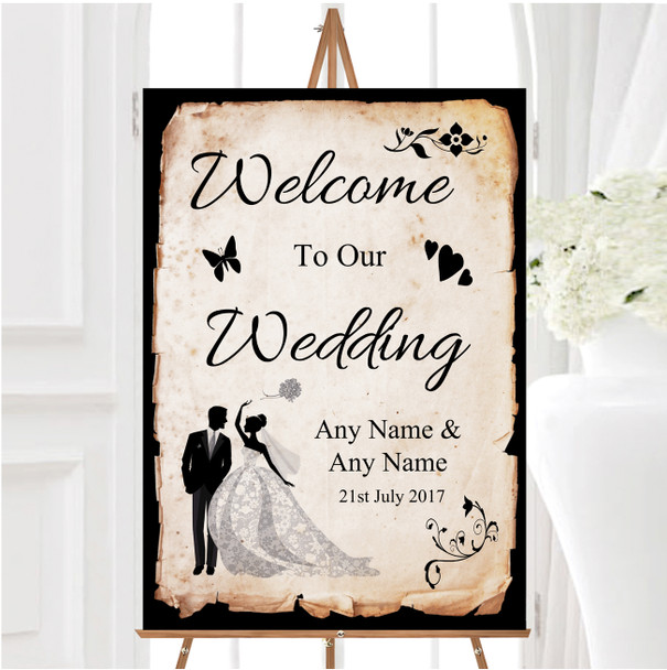 Black White Vintage Rustic Postcard Personalised Any Text Welcome Wedding Sign