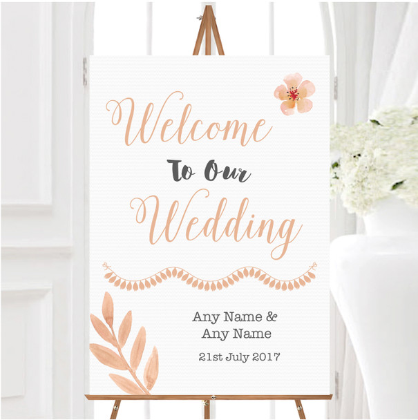 Watercolour Subtle Coral Pink Peach Personalised Any Text Welcome Wedding Sign