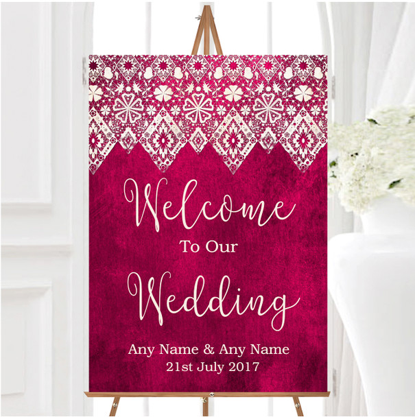 Berry Pink Old Paper Lace Effect Personalised Any Wording Welcome Wedding Sign