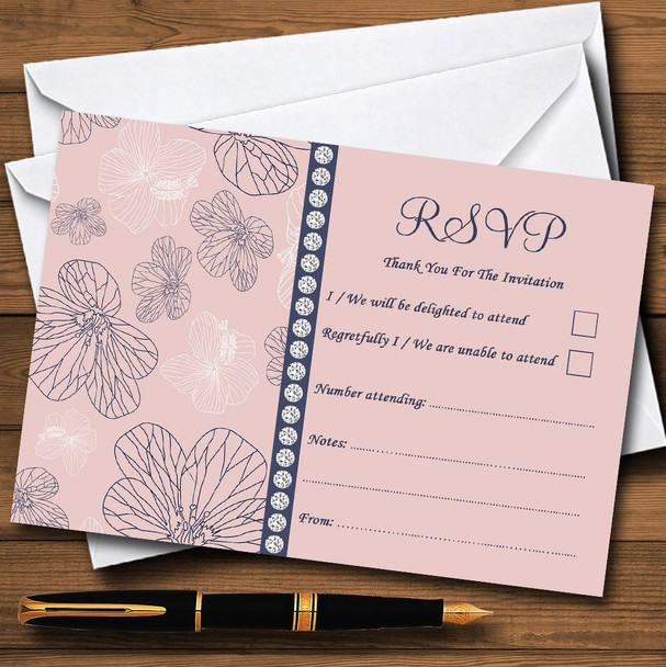 Dusty Coral Pink And Blue Floral RSVP Cards