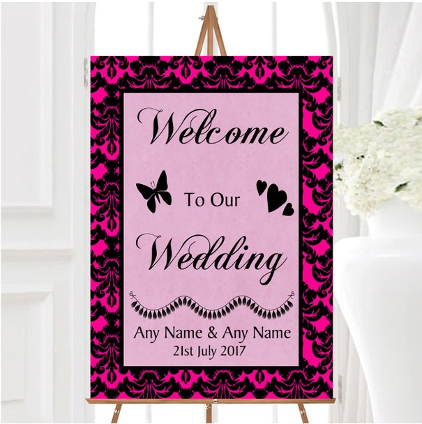 Bright Pink Black Damask Diamond Personalised Any Wording Welcome Wedding Sign