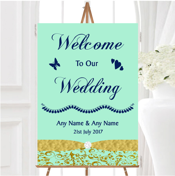 Gold And Cool Mint Green Vintage Personalised Any Wording Welcome Wedding Sign