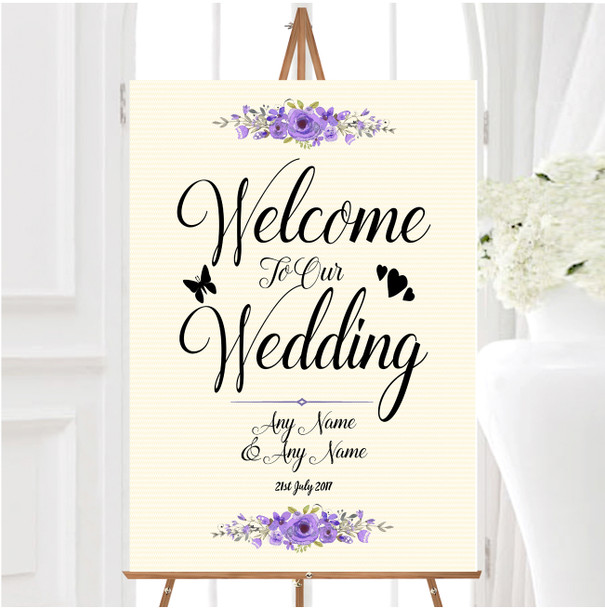 Watercolour Purple Floral Rustic Personalised Any Wording Welcome Wedding Sign