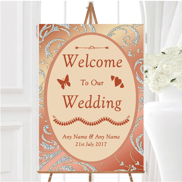 Coral Peach Cream Diamond Personalised Any Wording Welcome To Our Wedding Sign