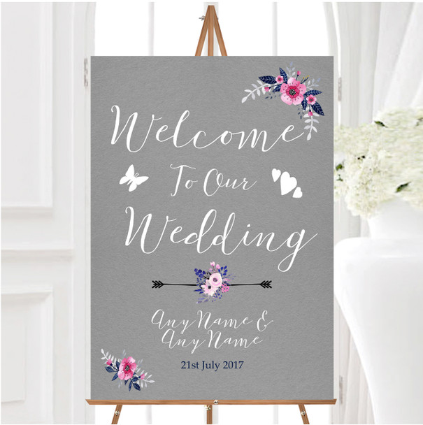 Rustic Vintage Watercolour Navy Blue Silver Personalised Welcome Wedding Sign