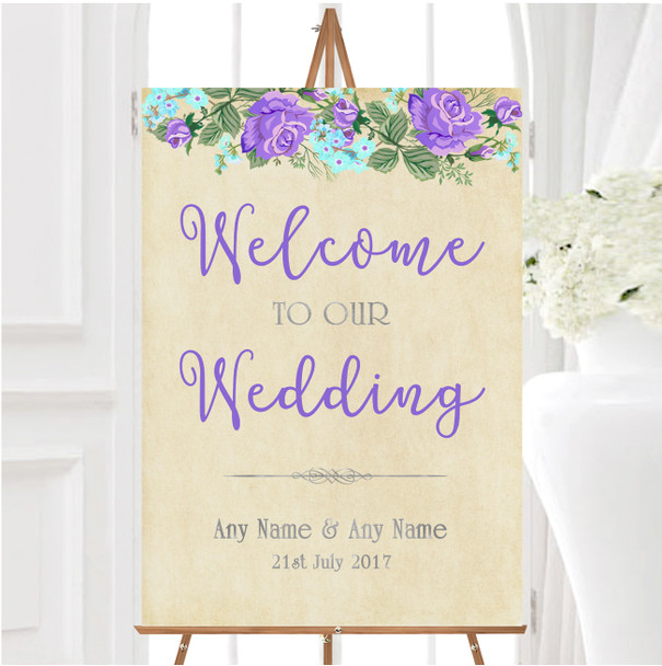 Vintage Purple Pink Watercolour Personalised Any Wording Welcome Wedding Sign