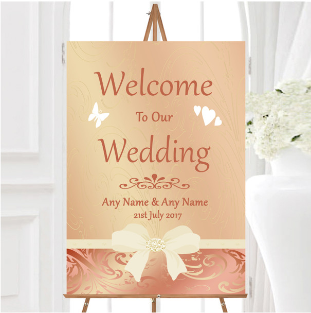 Cream Pale Coral Peach Pink Bow Personalised Any Wording Welcome Wedding Sign