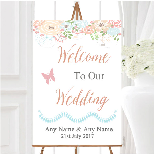 Coral Peach Blue Watercolour Floral Header Personalised Welcome Wedding Sign