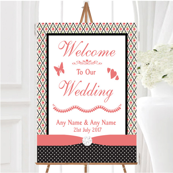 Coral Pink Rose Shabby Chic Black Polkadot Personalised Welcome Wedding Sign