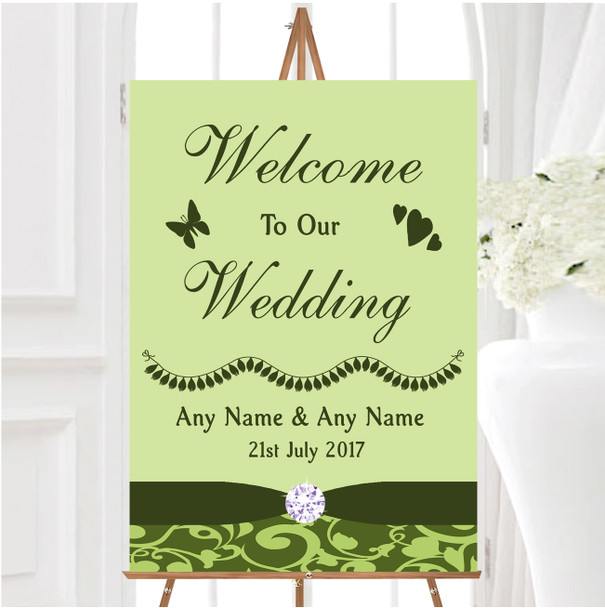Olive Green Vintage Floral Damask Diamante Personalised Welcome Wedding Sign