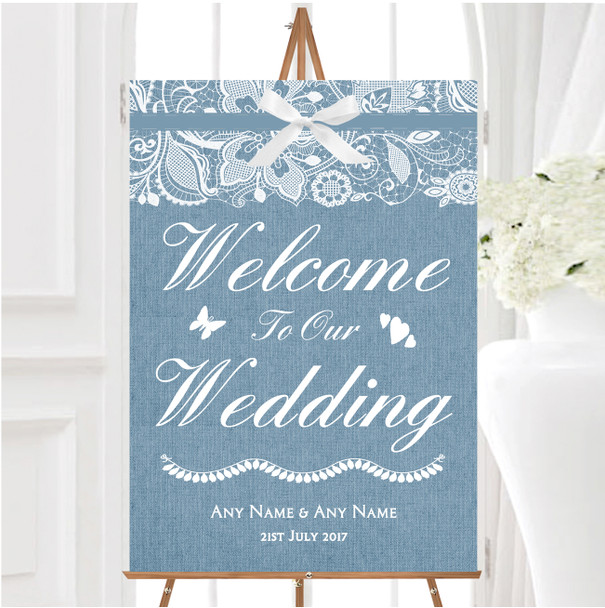 Vintage Dusky Blue Burlap Lace Personalised Any Wording Welcome Wedding Sign