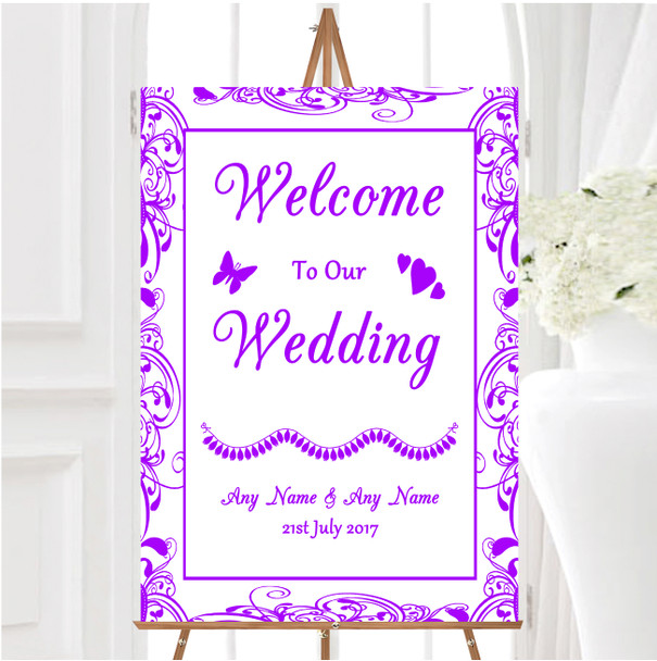 White Purple Swirl Deco Personalised Any Wording Welcome To Our Wedding Sign