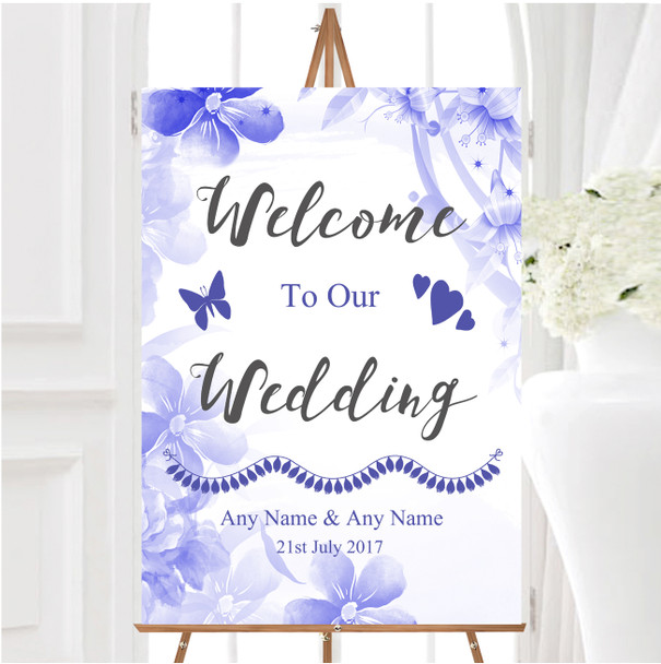 Blue Watercolour Floral Personalised Any Wording Welcome To Our Wedding Sign