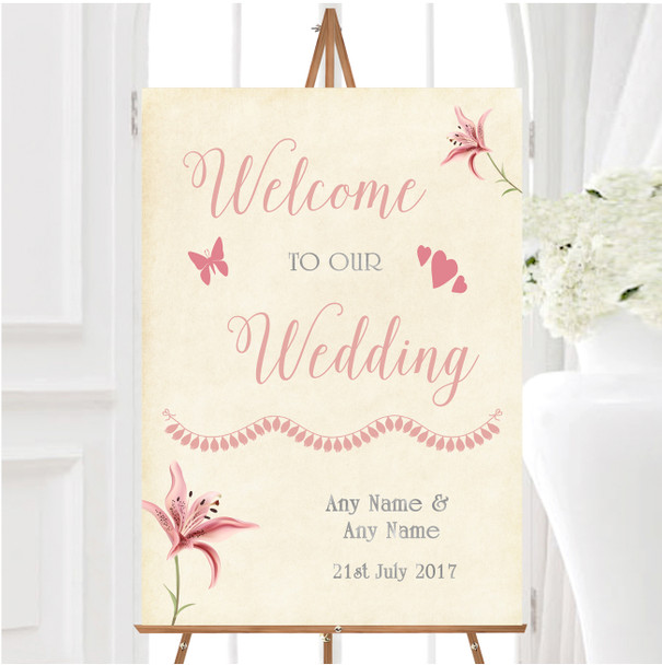 Coral Pink Lily Vintage Personalised Any Wording Welcome To Our Wedding Sign