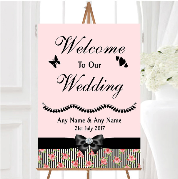 Coral Pink Rose Shabby Chic Black Stripes Personalised Welcome Wedding Sign